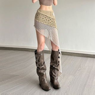 Irregular hollow out patchwork cut out mini skirt