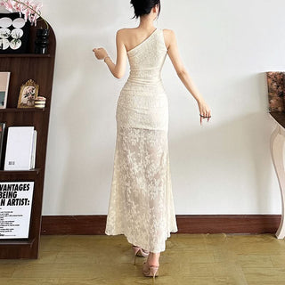 Irregular one shoulder ruched print maxi dress