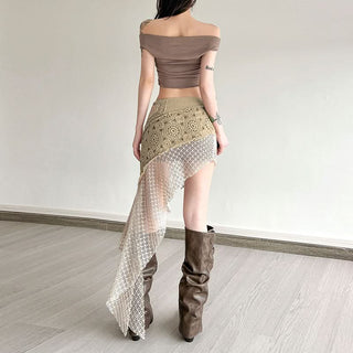 Irregular hollow out patchwork cut out mini skirt