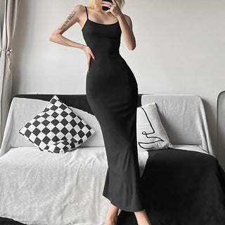 U neck ribbed solid backless cami maxi dress