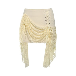 Lace up ruched lace irregular A line mini skirt