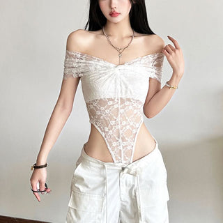Off shoulder ruched lace button solid bodysuit