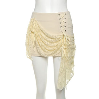 Lace up ruched lace irregular A line mini skirt
