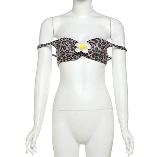 Leopard print flower applique off shoulder tube top