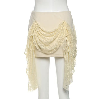 Lace up ruched lace irregular A line mini skirt