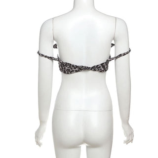 Leopard print flower applique off shoulder tube top