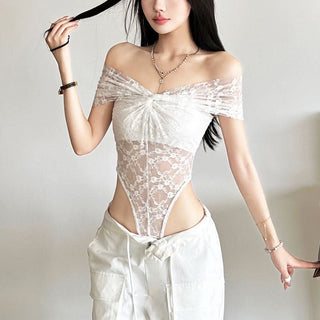 Off shoulder ruched lace button solid bodysuit