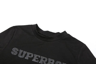 Short sleeve letter beaded crewneck top