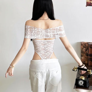 Off shoulder ruched lace button solid bodysuit