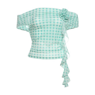 Plaid flower applique off shoulder mesh top
