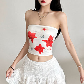 Flower print backless contrast tube top