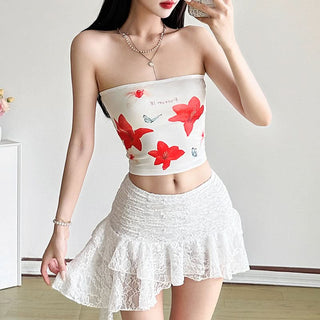 Flower print backless contrast tube top