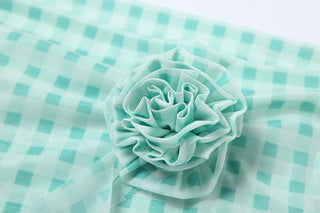 Plaid flower applique off shoulder mesh top