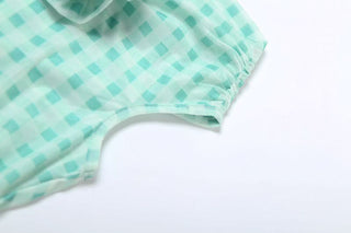 Plaid flower applique off shoulder mesh top