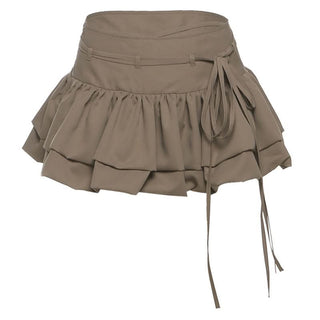 Zip-up ruched A line self tie solid mini skirt