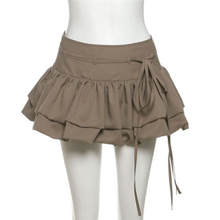 Zip-up ruched A line self tie solid mini skirt
