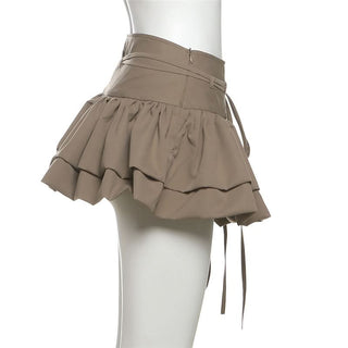 Zip-up ruched A line self tie solid mini skirt
