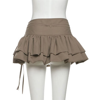 Zip-up ruched A line self tie solid mini skirt