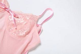 Bowknot v neck lace hem self tie cami mini dress