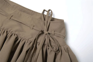 Zip-up ruched A line self tie solid mini skirt