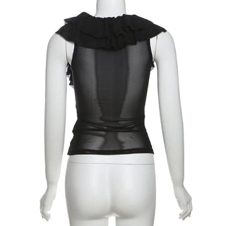 Ruffle u neck mesh sleeveless solid top