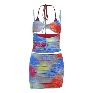 Hollow out ruched mesh print halter mini skirt set