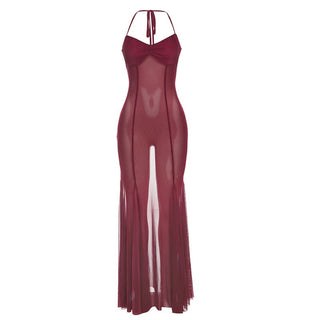 Mesh halter self tie v neck ruched maxi dress