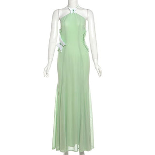 Hollow out halter zip-up butterfly applique cut out maxi dress