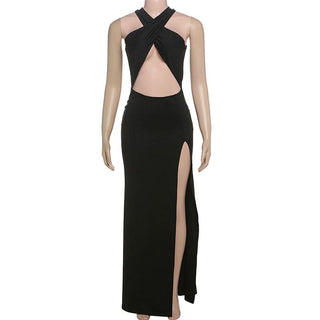 Hollow out cross front slit solid cut out maxi dress