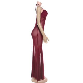 Mesh halter self tie v neck ruched maxi dress