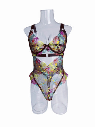 V neck hollow out embroidery cami bodysuit