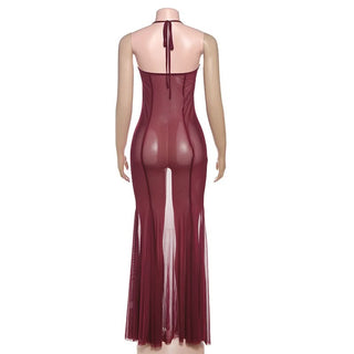 Mesh halter self tie v neck ruched maxi dress