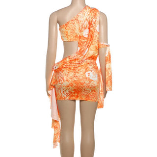 Irregular hollow out print one shoulder cut out mini dress