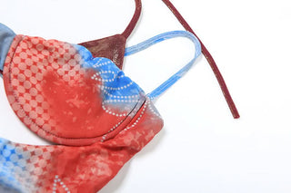 Hollow out ruched mesh print halter mini skirt set