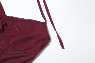 Mesh halter self tie v neck ruched maxi dress