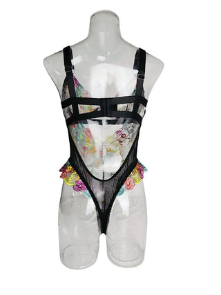 V neck hollow out embroidery cami bodysuit