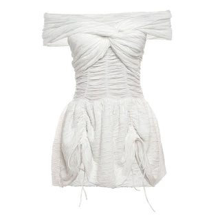 Off shoulder ruched drawstring solid mini dress
