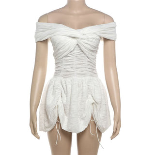 Off shoulder ruched drawstring solid mini dress
