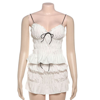 Ruffle v neck ruched spaghetti strap mini skirt set