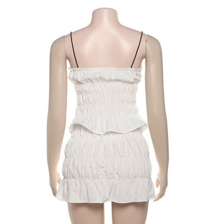 Ruffle v neck ruched spaghetti strap mini skirt set