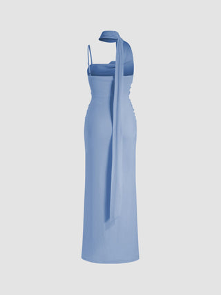 Mesh Halter Neckline Ruched Maxi Dress With Scarf
