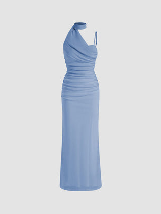 Mesh Halter Neckline Ruched Maxi Dress With Scarf
