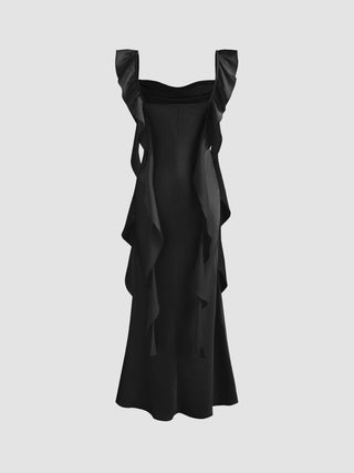 Satin Cowl Neck Solid Ruffle Hem Maxi Dress