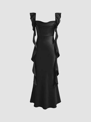 Satin Cowl Neck Solid Ruffle Hem Maxi Dress