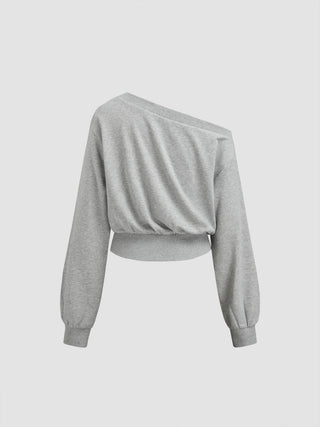 Cotton-blend Asymmetrical Neck Ruched Cinched Waist Sweatshirt