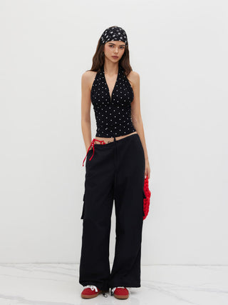 Cotton-blend Halter Cowl Neck Polka Dot Ruched Top