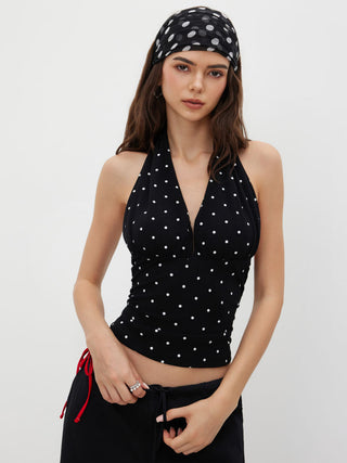 Cotton-blend Halter Cowl Neck Polka Dot Ruched Top