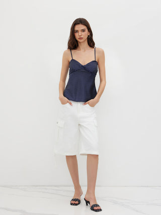 Sweetheart Neckline Polka Dot Lace Trim Knotted Cami Top