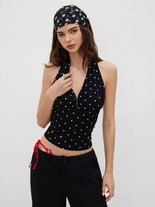 Cotton-blend Halter Cowl Neck Polka Dot Ruched Top