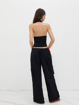 Cotton-blend Halter Cowl Neck Polka Dot Ruched Top